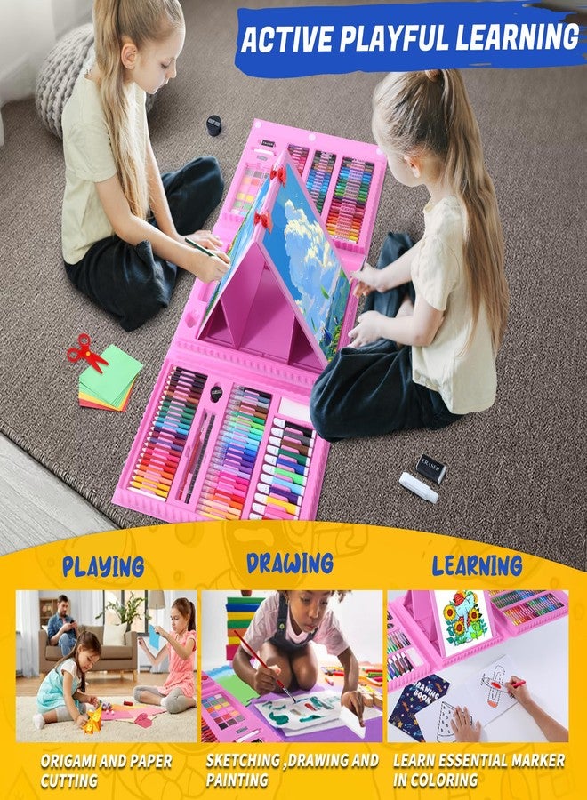 AOTEMOON All in One Art Supplies, Art Kit Includes Easel, Origami Paper, Colored Pencils, Crayons, Drawing Book, Coloring Book, Watercolor Pens, Markers and Oil Pastels, Gifts for Girls Boys Teens, Pink - Image 2